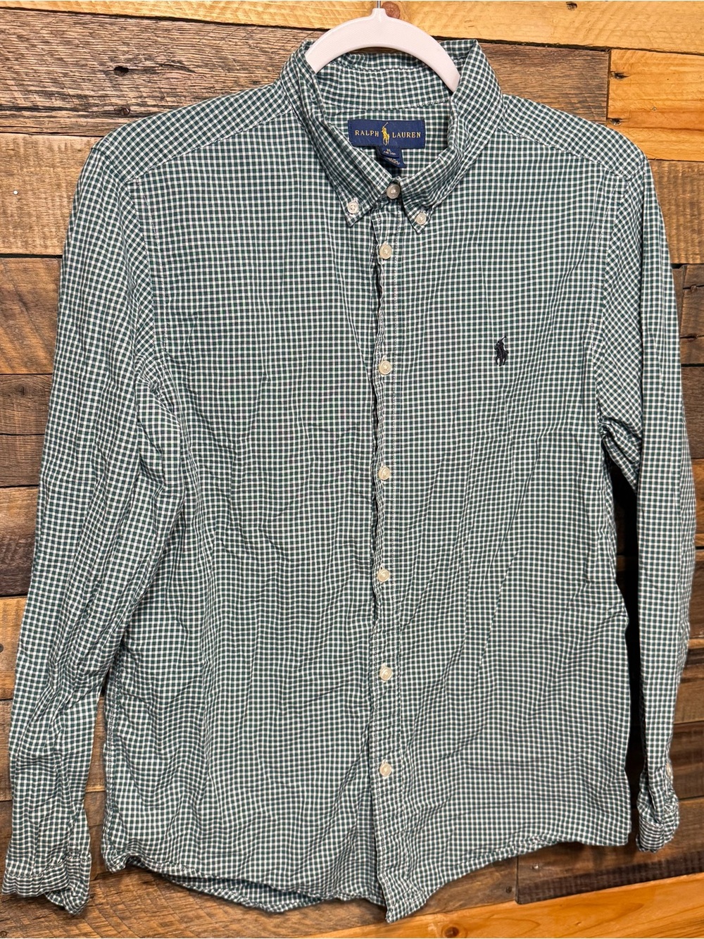 Ralph Lauren Boys XL 18-20 Green White Plaid Cotton Long Sleeve Dress Shirt